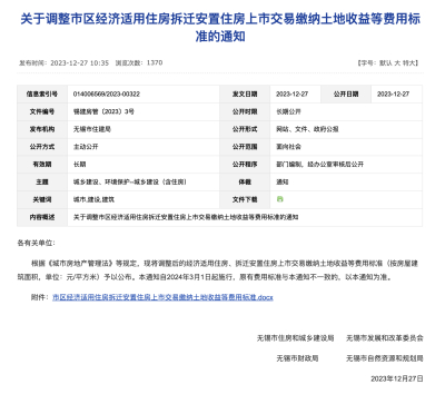 锡建房管〔2023〕3号《关于调整市区经济适用住房拆迁安置住房上市交易缴纳土地收益等费用标准的通知》